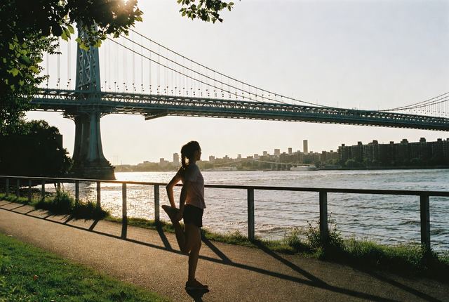 4:05 PM • East River Park — Waterfront Stretch: A runner pauses to stretch overlooking the East River as the Williamsburg Bridge glows in golden afternoon light.