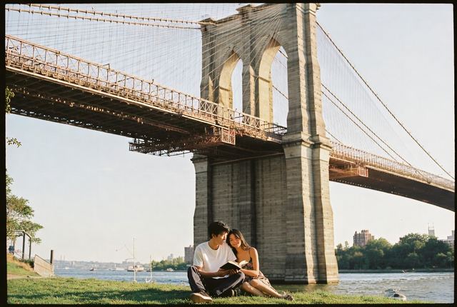 2:45 PM • DUMBO, Brooklyn — Under the Bridge: A young couple sits on the grass reading beneath the massive Brooklyn Bridge stone arches framing the sparkling river.