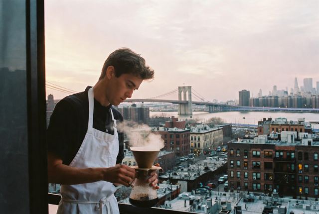 6:10 AM • Williamsburg, Brooklyn — Rooftop Coffee Ritual: Young barista opens a tiny rooftop cafe. Steam from fresh pour-over rises into cool dawn air while the Brooklyn Bridge glows.