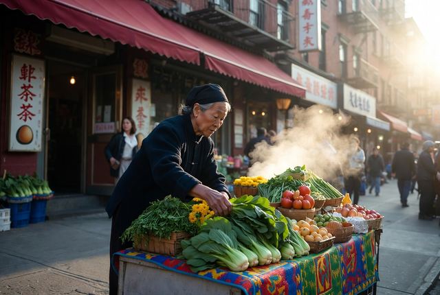 7:55 AM • Chinatown, Manhattan — Morning Market Flow: Elderly vendor carefully arranges fresh produce and flowers. Steam rises from a nearby dumpling shop in warm light.