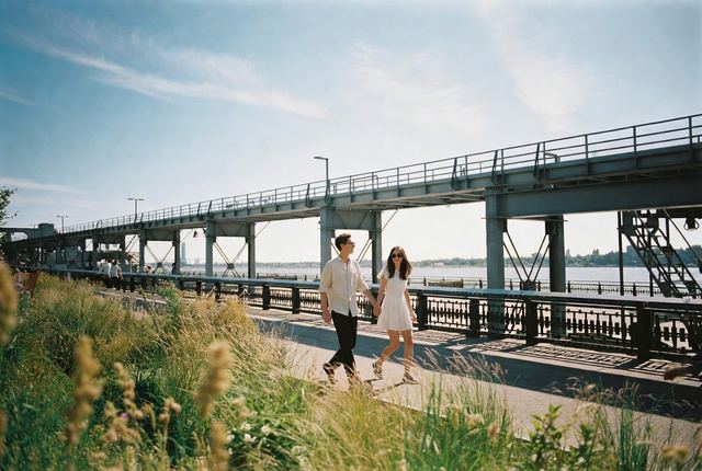 10:20 AM • The High Line, Chelsea — Elevated Garden Stroll: A young couple walks hand-in-hand through wild grasses on the elevated park with Hudson River views.
