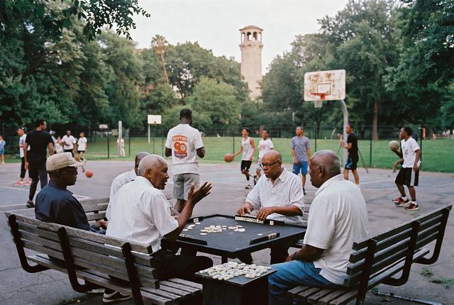 3:25 PM • Harlem — Marcus Garvey Heartbeat: Community elders play dominoes while kids play basketball nearby in this rich cultural afternoon in Harlem.