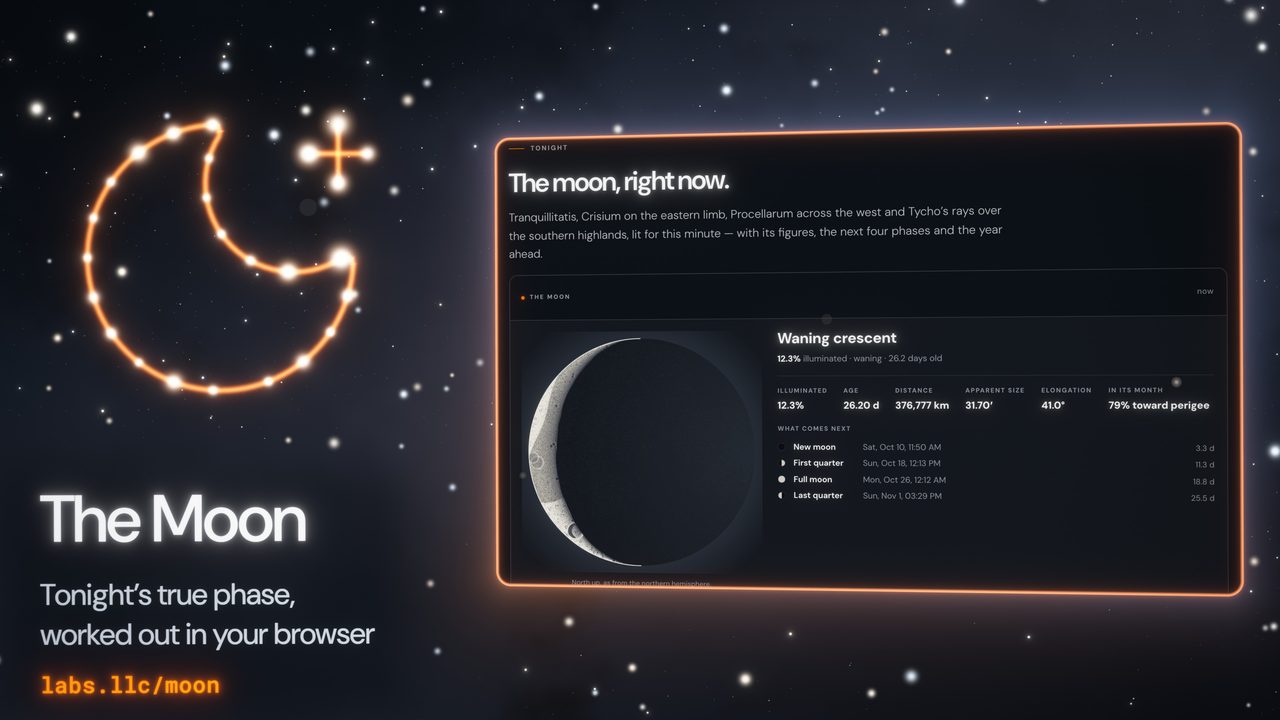 Constellation, beat one: the crescent-and-star constellation of The Moon beside its real page, open like a window in the night sky