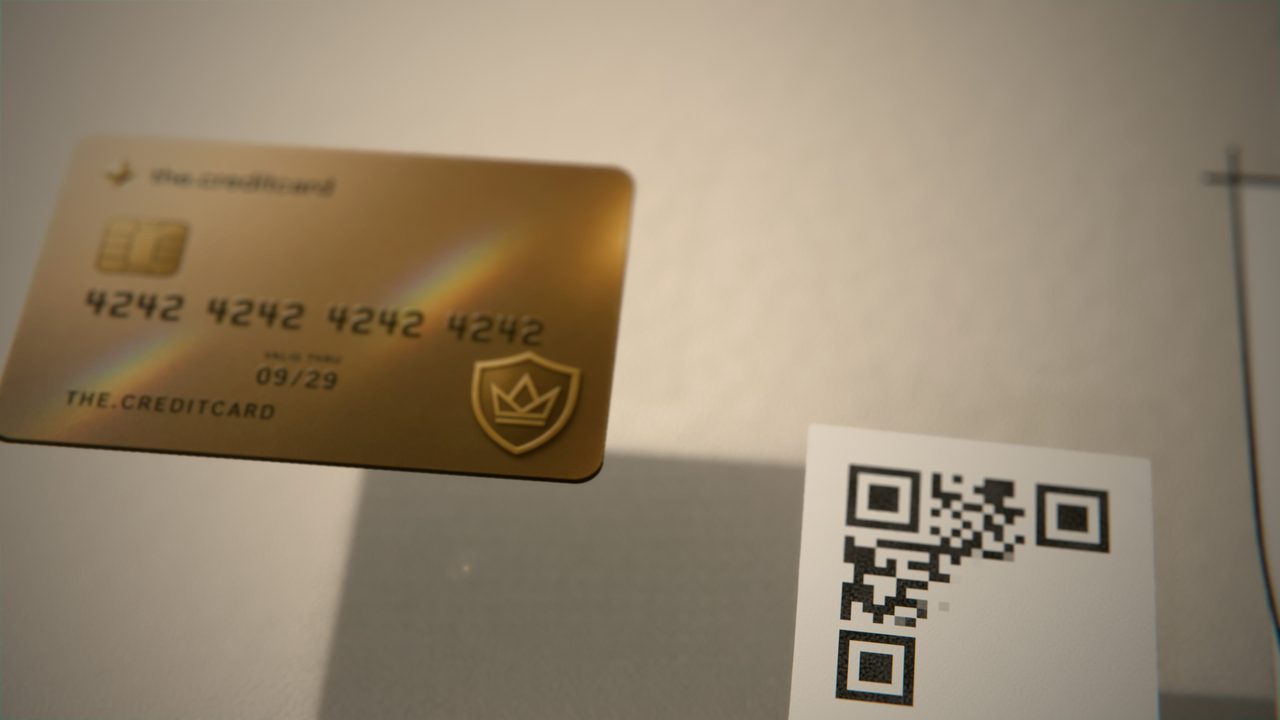 Ink to Light, beat four: the gold card under a raking light beside the real QR code of labs.llc, printed on paper